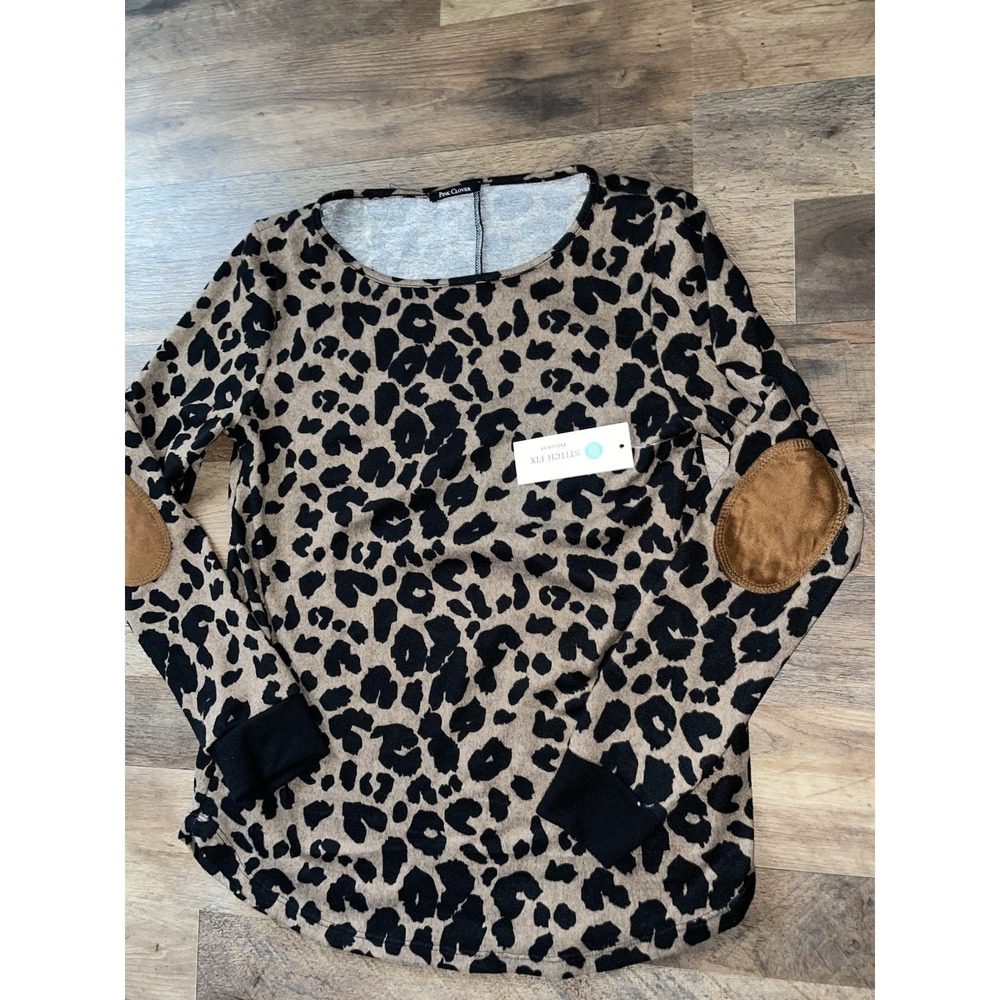 New PINK CLOVER STITCH FIX SWEATER ELBOW PATCHES MEDIUM Pullover Leopard Print